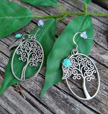 Tree of Life Dangle Earrings with Leaf and Flower Charm - image3